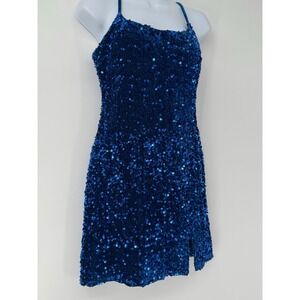 Midnight Doll Blue Velvet Sequin Thin Straps Mini Dress Party Cocktail New Year